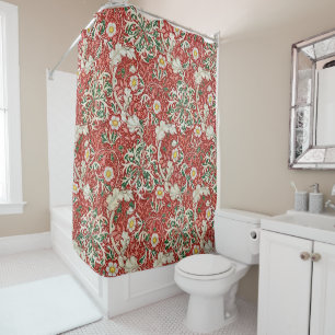 William Morris Seaweed Antique Flower Red Green Shower Curtain