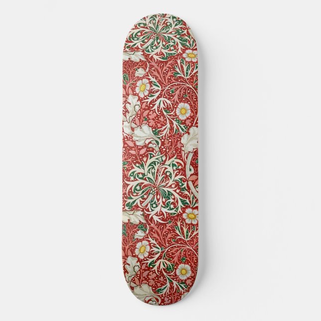 William Morris Seaweed Antique Flower Red Green Skateboard (Front)