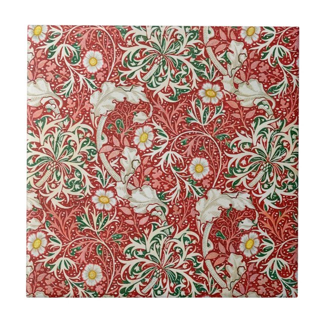 William Morris Seaweed Antique Flower Red Green Tile (Front)
