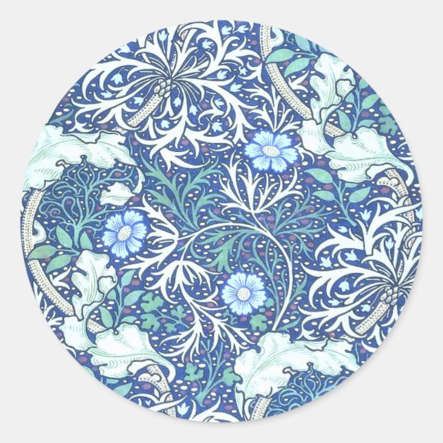 William Morris Seaweed Blue Pattern Classic Round Sticker (Front)