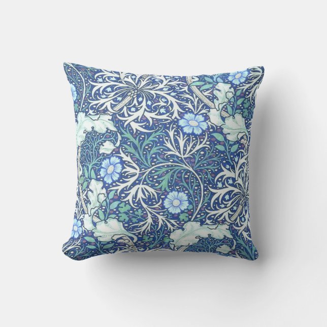 William Morris Seaweed Blue Pattern Cushion (Front)