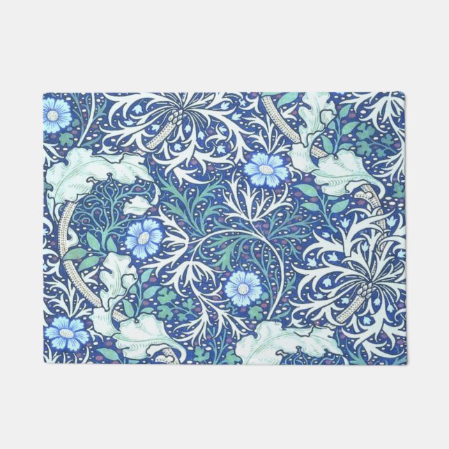 William Morris Seaweed Blue Pattern Doormat (Front)