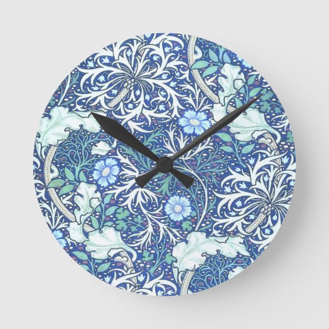 William Morris Seaweed Blue Pattern Round Clock (Front)