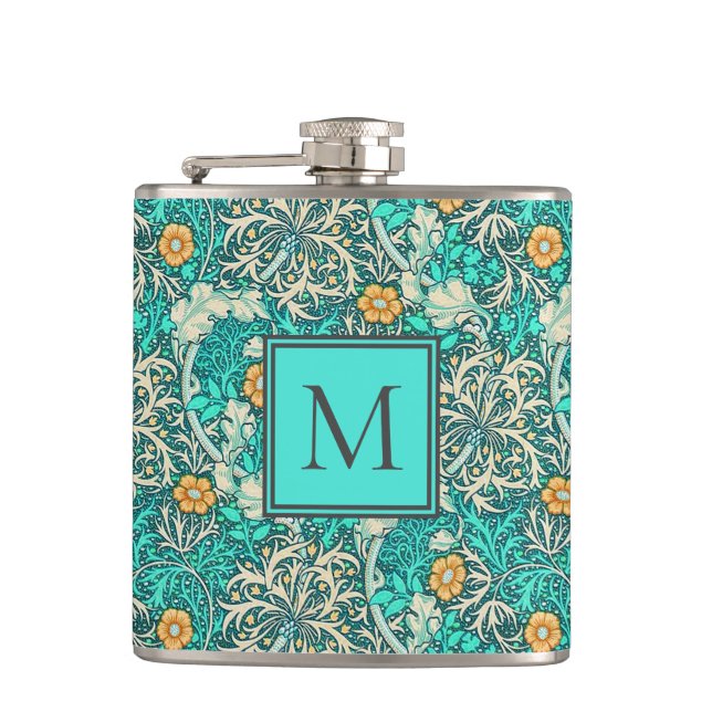 William Morris Seaweed Pattern with Your Monogram Hip Flask (Front)