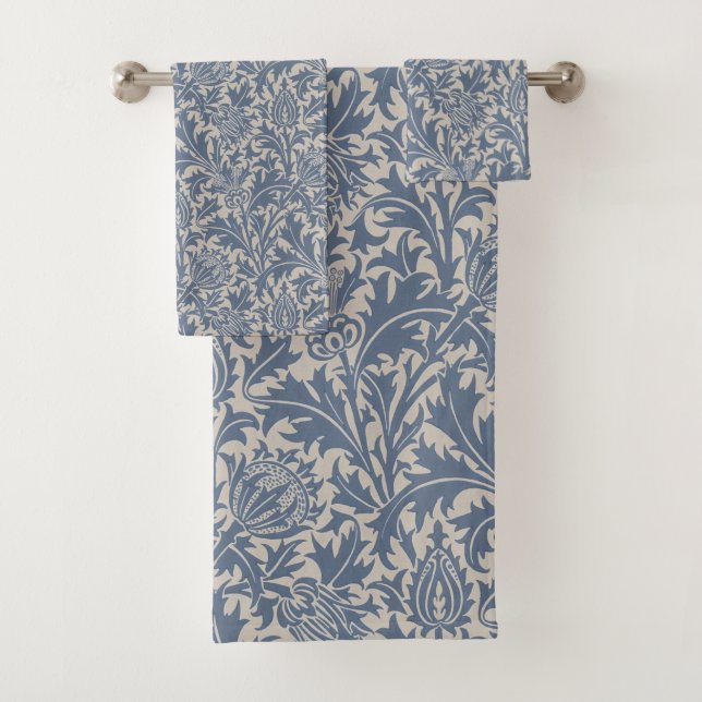 William Morris Slate Blue Thistle Wallpaper Bath Towel Set (Insitu)