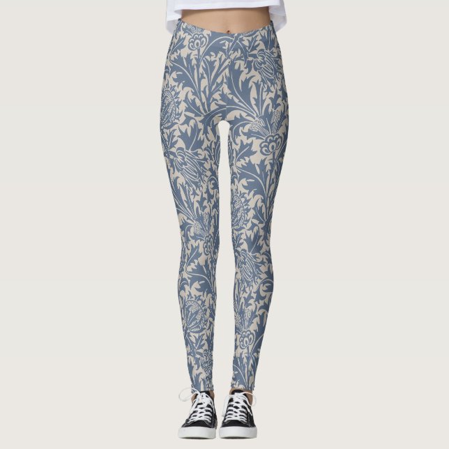 William Morris Slate Blue Thistle Wallpaper Leggings (Front)