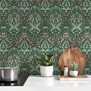 William Morris Spring Thicket Deep Green Peach Wallpaper
