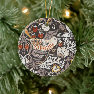 William Morris Strawberry Thief Charcoal Ochre Ceramic Tree Decoration