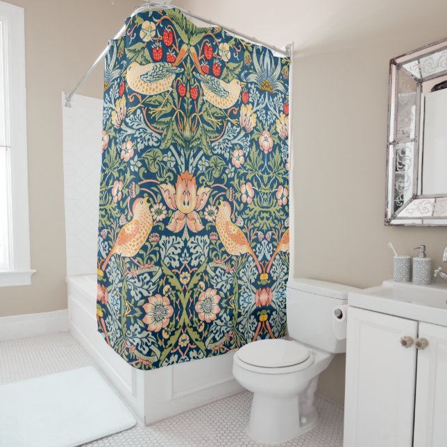 William Morris Strawberry Thief Floral Pattern Shower Curtain (In Situ)