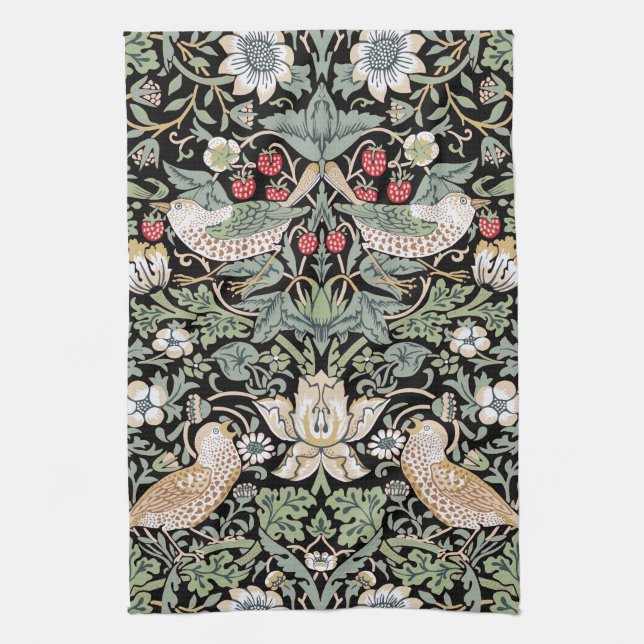 William Morris Strawberry Thief I Black Birds Tea Towel (Vertical)