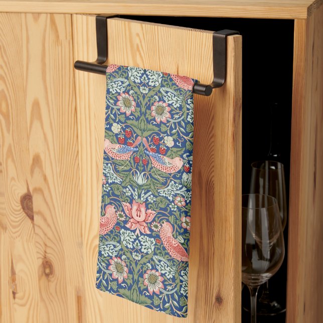William Morris Strawberry Thief Navy Coral Tea Towel (Thirds Fold)