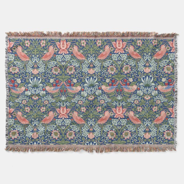 William Morris Strawberry Thief Navy Coral Throw Blanket (Front)