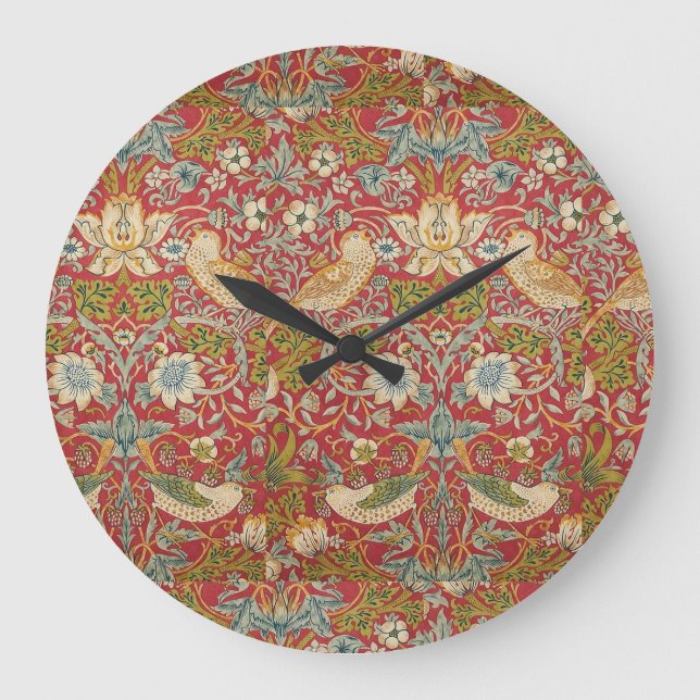 William Morris Strawberry Thief Red Floral Pattern Large Clock (Front)