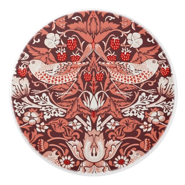 William Morris Strawberry Thief Terracotta Bird Ceramic Knob (Front)