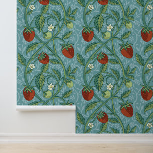 William Morris Style Blue & Red Strawberry Pattern Wallpaper
