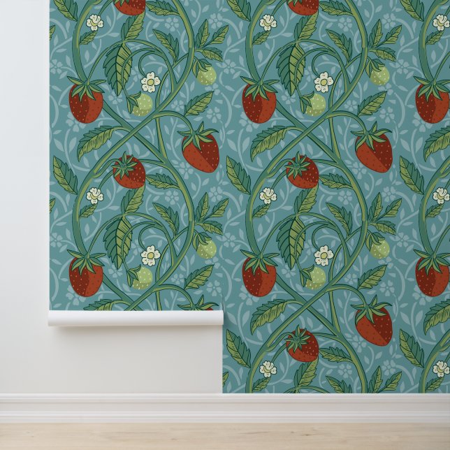 William Morris Style Blue & Red Strawberry Pattern Wallpaper (Application)