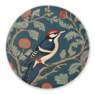 William Morris style Great spotted woodpecker Bird Ceramic Knob