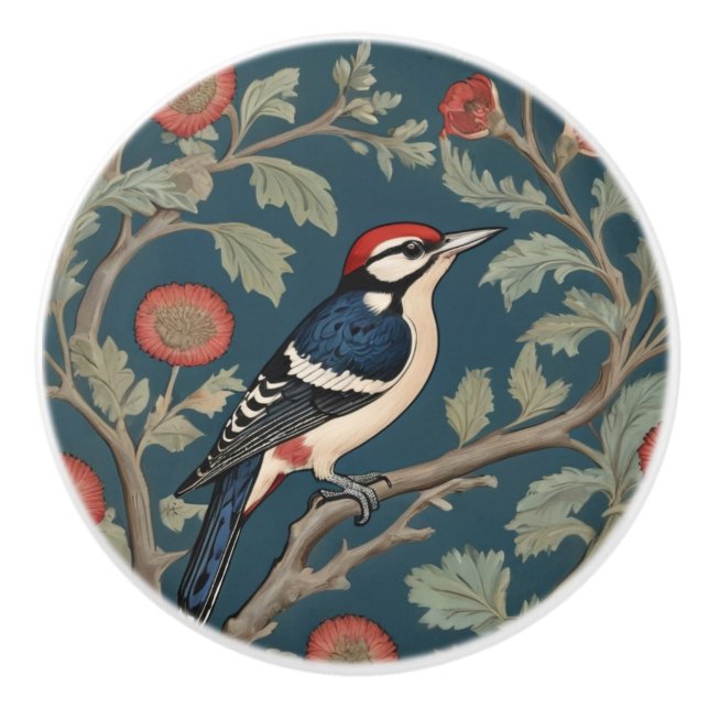 William Morris style Great spotted woodpecker Bird Ceramic Knob (Front)