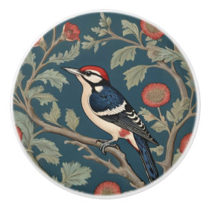 William Morris style Great spotted woodpecker Bird Ceramic Knob