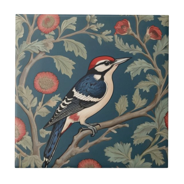 William Morris style Great spotted woodpecker Bird Tile (Front)