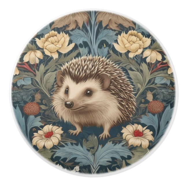 William Morris style Hedgehog Traditional Flowers Ceramic Knob (Front)