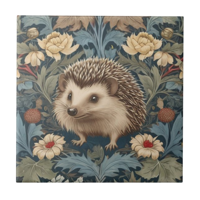 William Morris style Hedgehog Traditional Flowers Tile (Front)