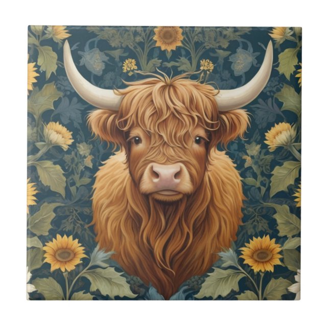 William Morris style Highland Cow Yellow Sunflower Tile (Front)