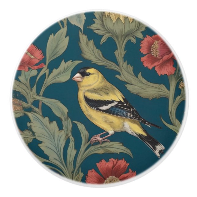 William Morris style Left American Goldfinch Bird Ceramic Knob (Front)