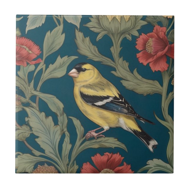 William Morris style Left American Goldfinch Bird Tile (Front)