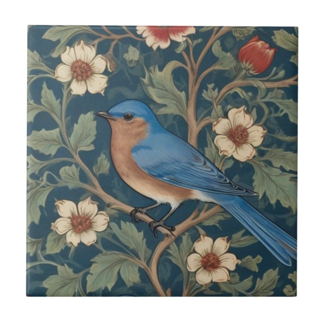 William Morris style Left facing Bluebird Bird Tile (Front)