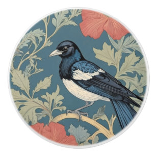 William Morris style Left facing Magpie Bird  Ceramic Knob