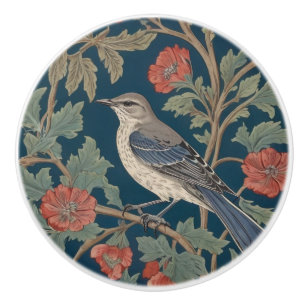 William Morris style Left facing Mockingbird Bird Ceramic Knob