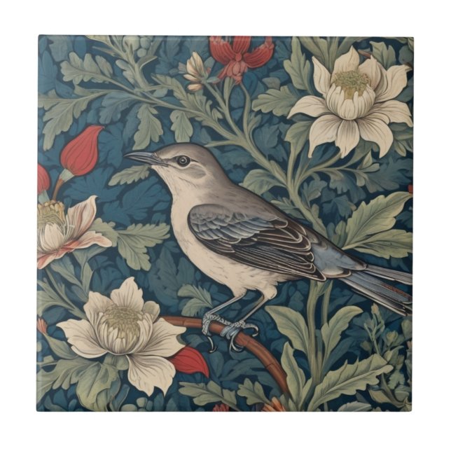 William Morris style Left Mockingbird Bird floral Tile (Front)
