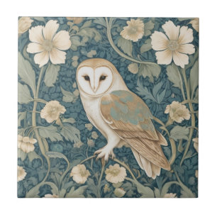 William Morris style Left Teal Cream Barn Owl Tile