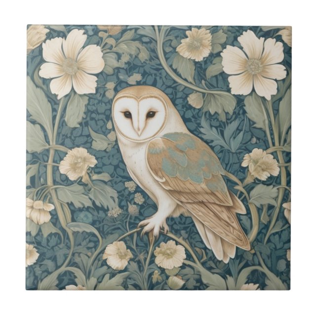William Morris style Left Teal Cream Barn Owl Tile (Front)