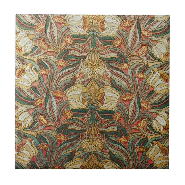 William Morris Style Pink Green Botanical Tile (Front)