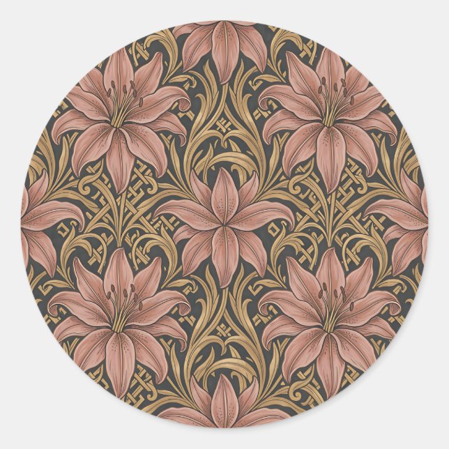 William Morris Style Pink Lily Floral Pattern Dark Classic Round Sticker (Front)