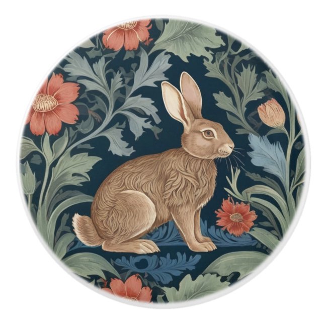 William Morris style Rabbit Right Facing Floral Ceramic Knob (Front)
