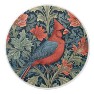 William Morris style Red Cardinal Bird R floral Ceramic Knob
