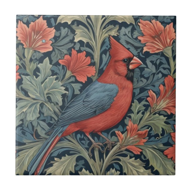 William Morris style Red Cardinal Bird R floral Tile (Front)