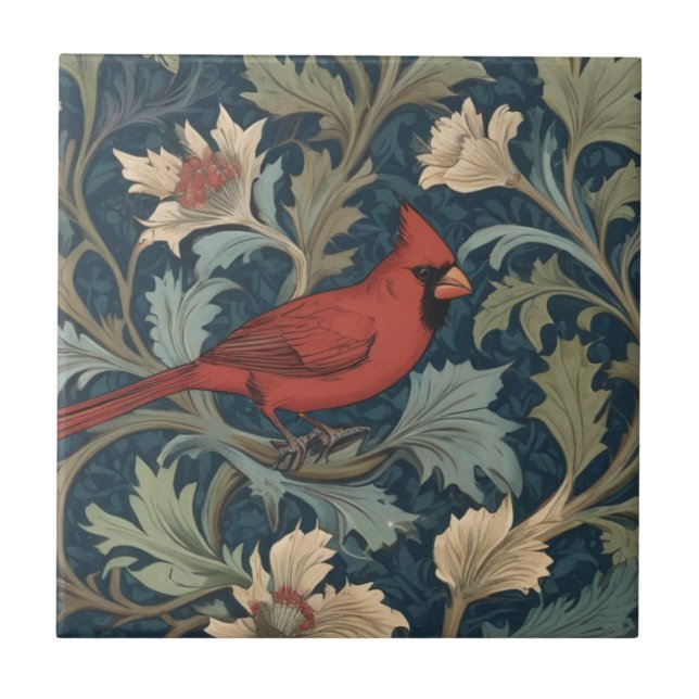 William Morris style Red Cardinal Bird right Tile (Front)