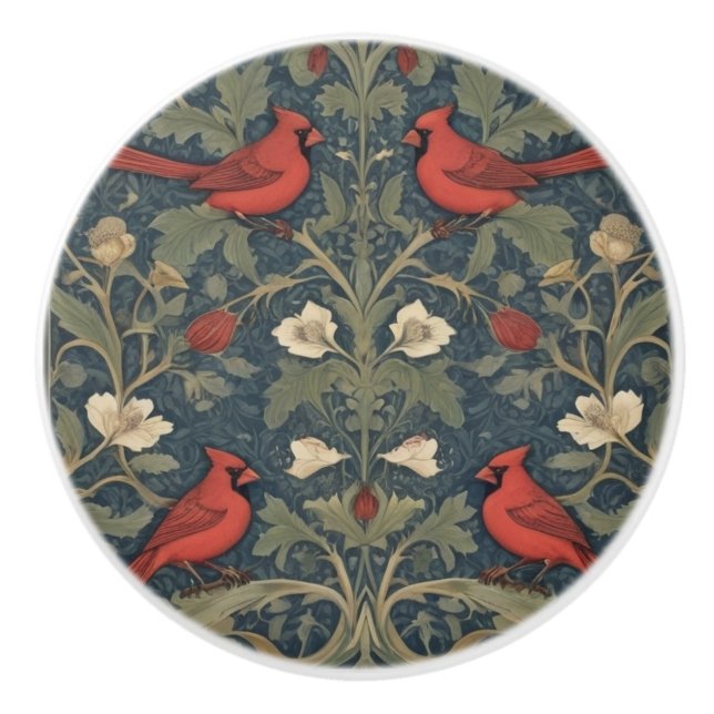William Morris style Red Cardinal Birds Ceramic Knob (Front)