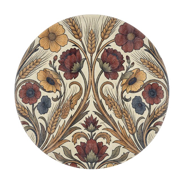 William Morris Style Red Gold Wheat Floral Pattern Cutting Board (Front)