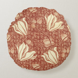 William Morris Style Red Lily Floral Pattern Round Cushion