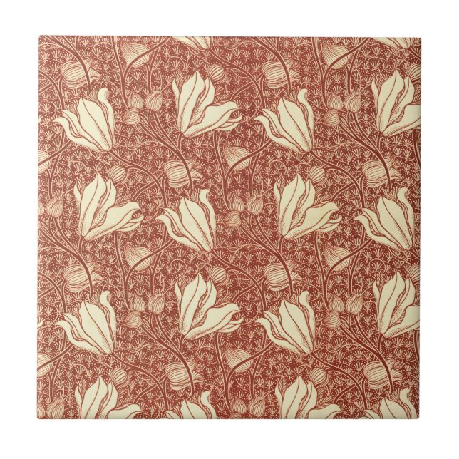 William Morris Style Red Lily Floral Pattern Tile (Front)