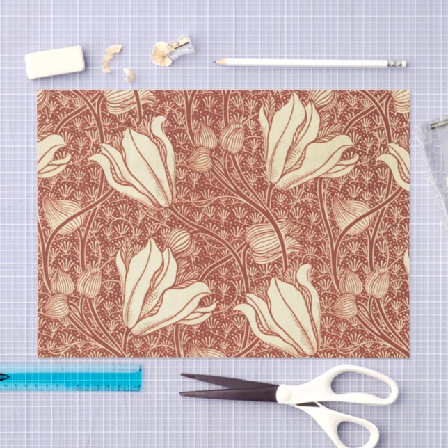 William Morris Style Red Lily Floral Pattern Tissue Paper (Craft)