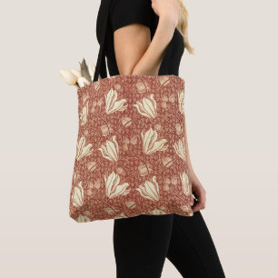 William Morris Style Red Lily Floral Pattern Tote Bag