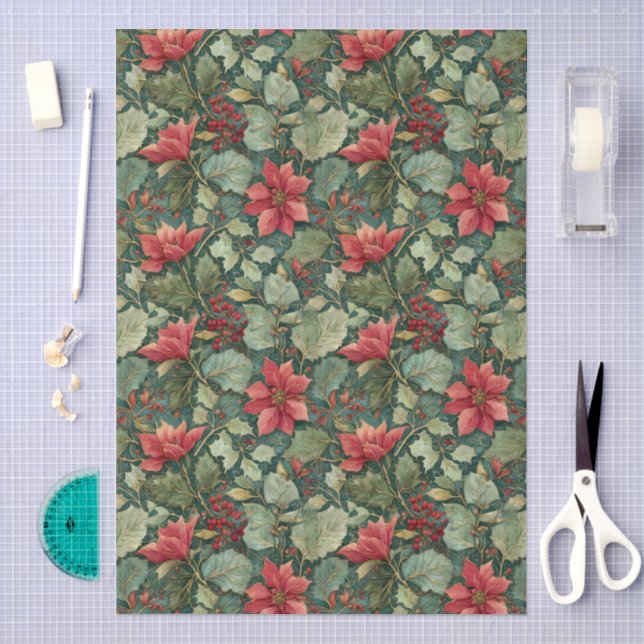 William Morris Style Red Poinsettias Pattern  Tissue Paper (Craft)