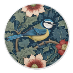 William Morris style Right facing Bird Blue Tit  Ceramic Knob