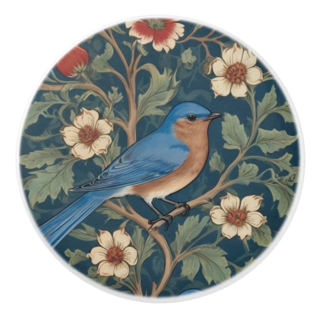 William Morris style Right facing Bluebird Bird Ceramic Knob (Front)